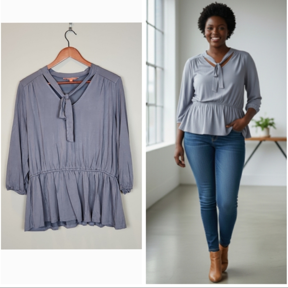 Modcloth Blue-Gray‎ Tie Neck Blouse Size 1X